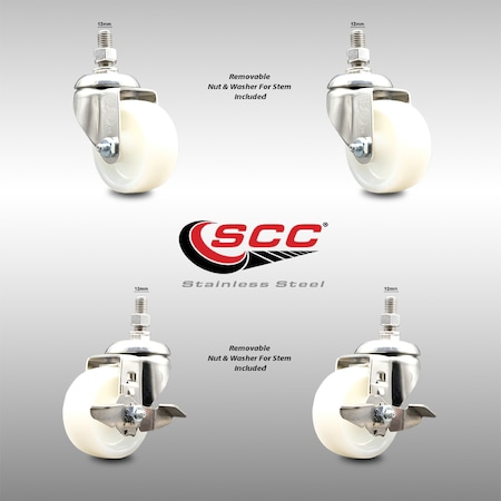 Service Caster 3 Inch 316SS Nylon Wheel Swivel 12mm Threaded Stem Caster Brakes SCC, 2PK SCC-SS316TS20S314-NYS-M1215-2-TLB-2